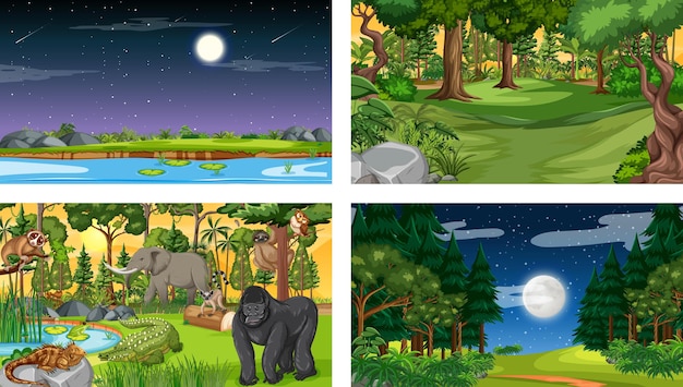 Set van verschillende horizontale bosscènes met verschillende wilde dieren