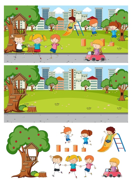 Set van verschillende horizontale parkscènes met doodle kinder stripfiguur