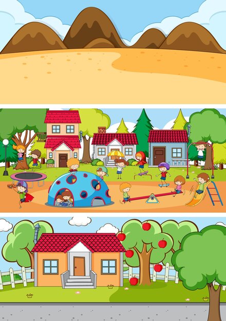 Set van verschillende horizontale scènes achtergrond met doodle kids stripfiguur