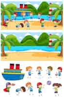 Gratis vector set van verschillende horizontale scènes achtergrond met doodle kids stripfiguur