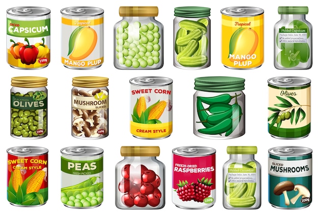 Gratis vector set van verschillende ingeblikt voedsel en voedsel in geïsoleerde potten