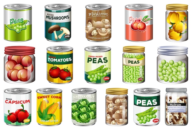 Gratis vector set van verschillende ingeblikt voedsel en voedsel in geïsoleerde potten