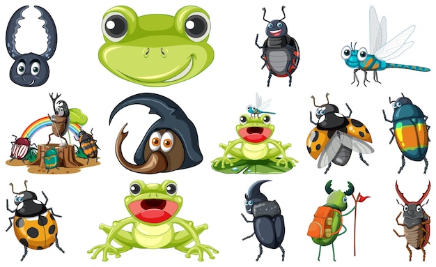 Gratis vector set van verschillende insecten en amfibieën cartoon