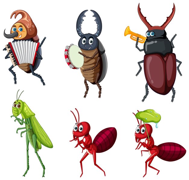 Set van verschillende insecten en kevers in cartoonstijl