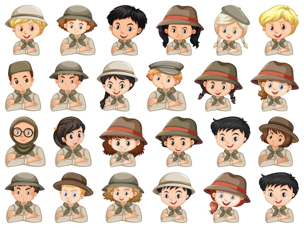Set van verschillende karakters van jongens en meisjes scout kostuum op een witte achtergrond