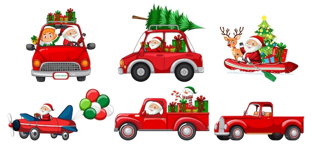 Set van verschillende kerstauto's en tekens van de kerstman