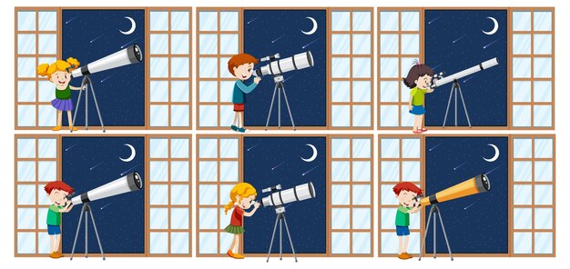 Gratis vector set van verschillende kinderen observeren de nachtelijke hemel met telescoop