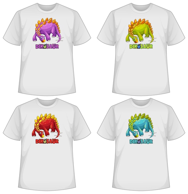 Set van verschillende kleur dinosaurus cartoons op t-shirts