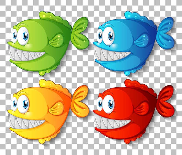 Gratis vector set van verschillende kleur exotische vissen stripfiguur op transparante achtergrond