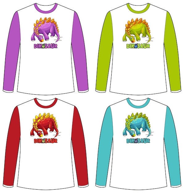 Gratis vector set van verschillende kleuren dinosaurusscherm op t-shirt met lange mouwen