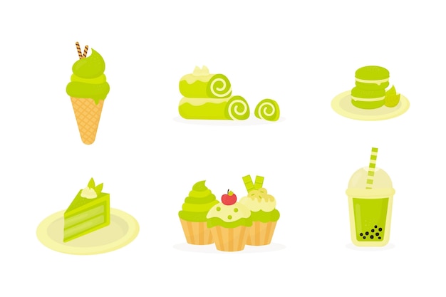 Gratis vector set van verschillende matcha desserts