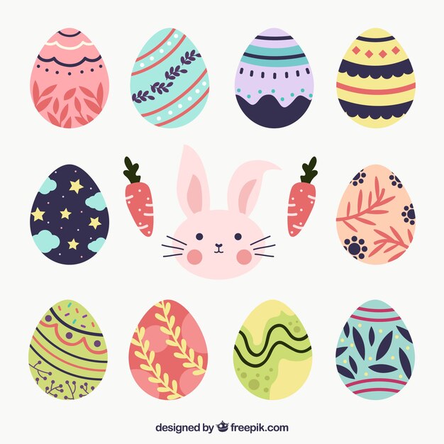 Gratis vector set van verschillende paaseieren met bunny