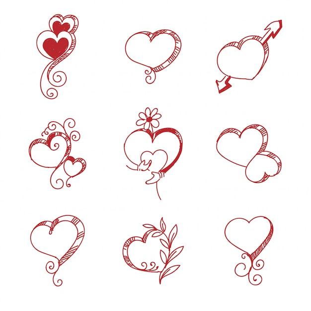 Set van verschillende rode harten schets decorontwerp