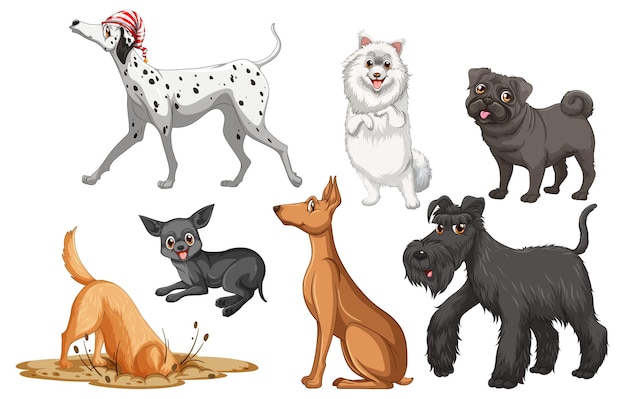 Gratis vector set van verschillende schattige honden in cartoon-stijl