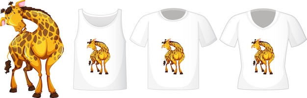 Set van verschillende shirts met giraffe stripfiguur geïsoleerd op een witte achtergrond