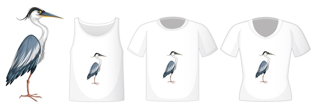 Set van verschillende shirts met grote blauwe reiger stripfiguur geïsoleerd op wit