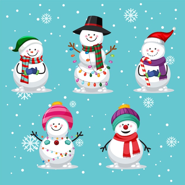 Gratis vector set van verschillende sneeuwpop in kerstthema