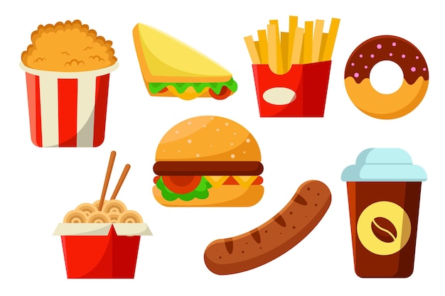 Gratis vector set van verschillende soorten fastfood in cartoon design platte vectorillustratie