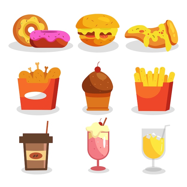 Set van verschillende soorten fastfood in cartoon design platte vectorillustratie