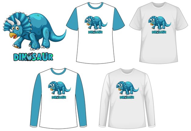 Set van verschillende soorten shirt in dinosaurusthema met dinosauruslogo