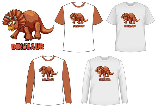 Set van verschillende soorten shirt in dinosaurusthema met dinosauruslogo