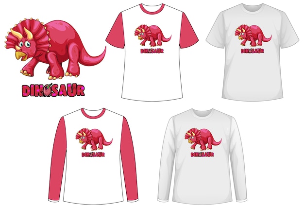 Set van verschillende soorten shirt in dinosaurusthema met dinosauruslogo