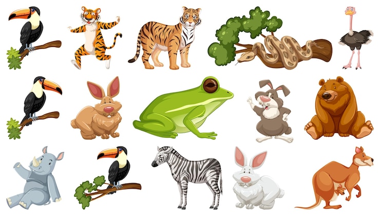 Gratis Vector set van verschillende stripfiguren met wilde dieren