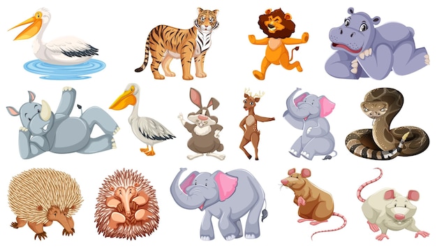 Gratis vector set van verschillende stripfiguren met wilde dieren