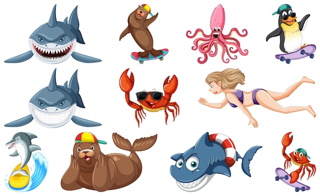 Set van verschillende stripfiguren van zeedieren