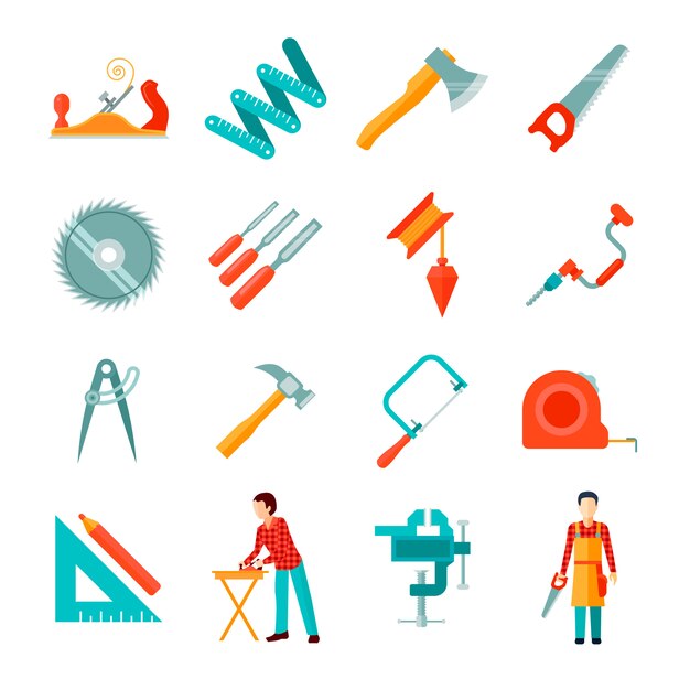Set van verschillende timmerman tools geïsoleerd plat pictogrammen