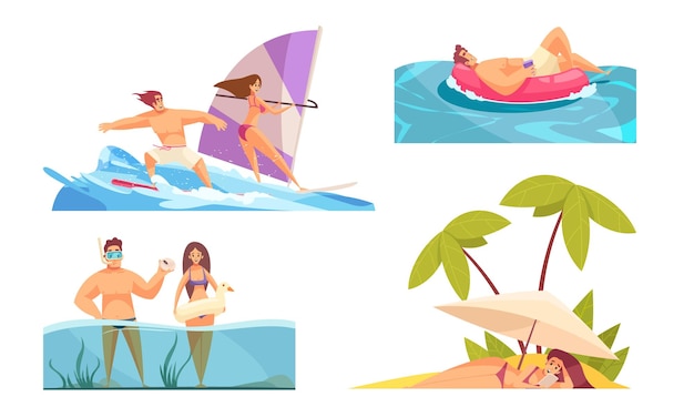 Set van vier geïsoleerde strand composities met platte mensen karakters palmbomen en zee oceaan water vectorillustratie