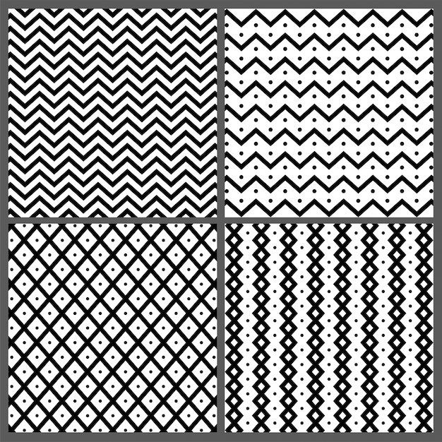 Set van vier handgetekende abstracte naadloze patronen met zigzag, golvende strepen en lijnenstructuren.
