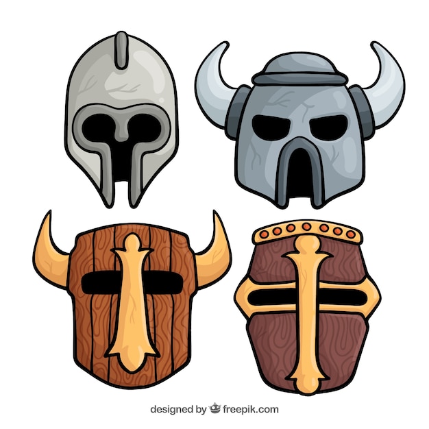 Gratis vector set van vier handgetekende armorhelmen