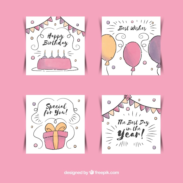 Set van vier handgetekende vierkante verjaardagskaarten