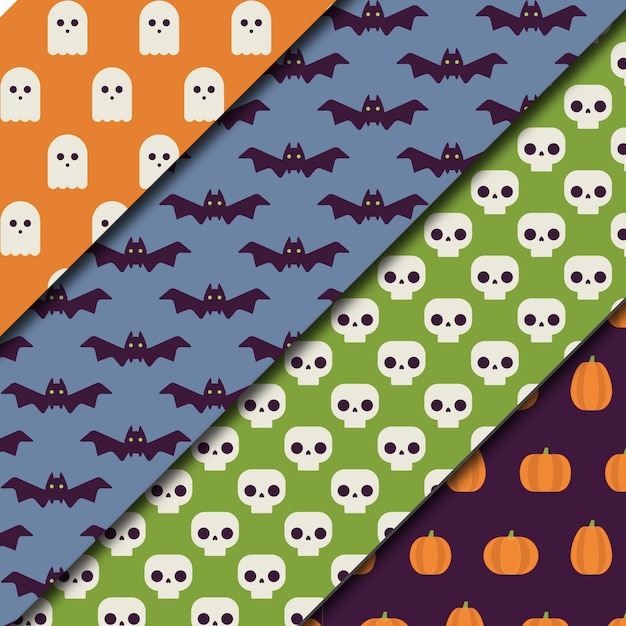 Gratis vector set van vier patronen met halloween elementen in vlakke stijl