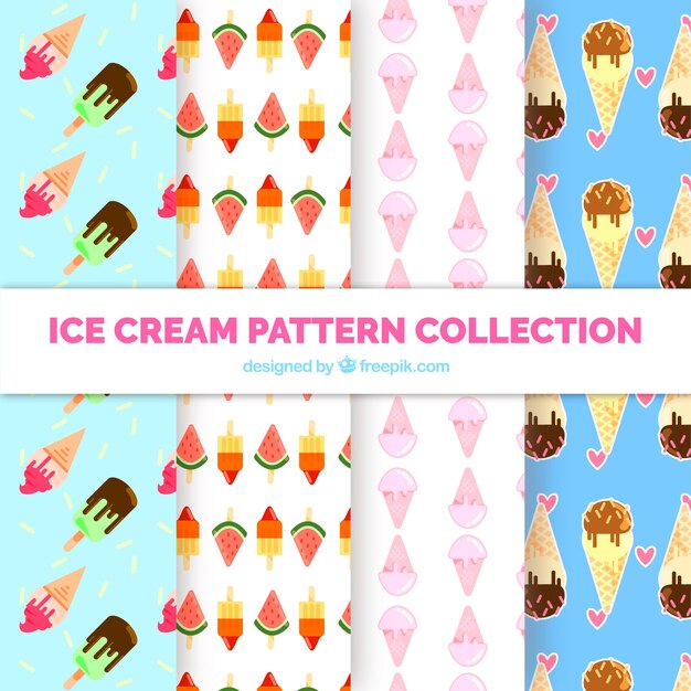 Set van vier platte patronen met smakelijke ijsjes