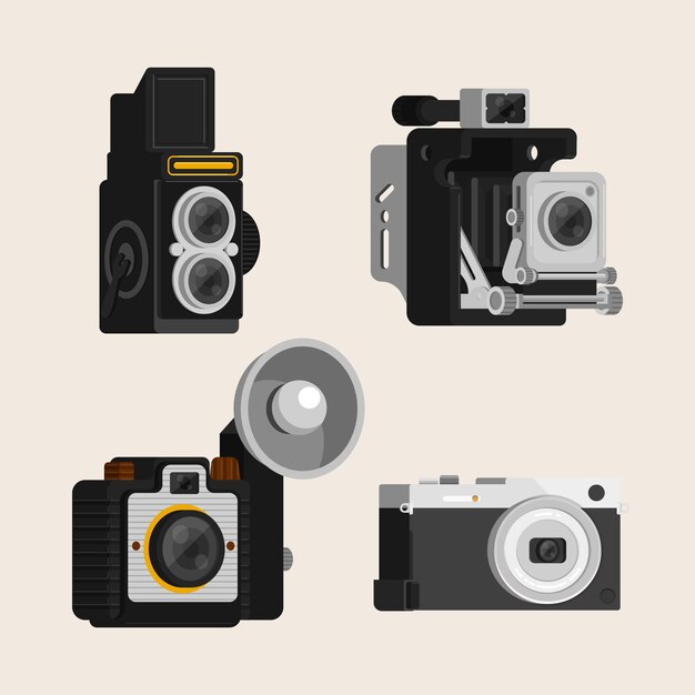 Set van vier retro camera's in vlakke vormgeving