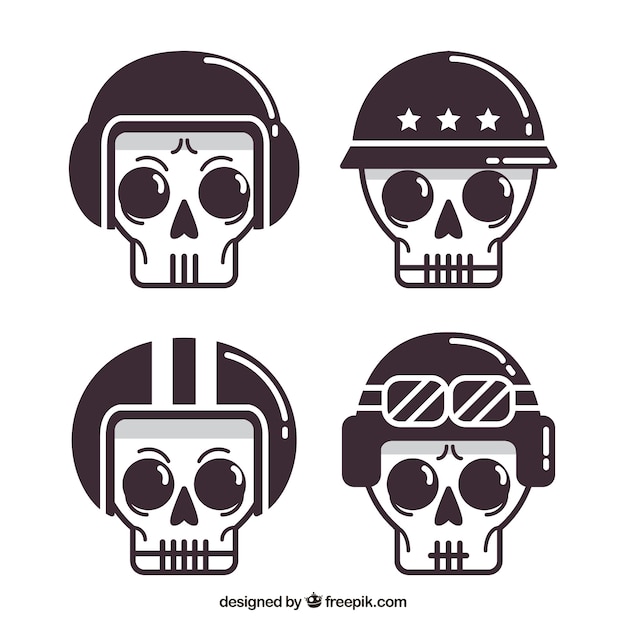 Set van vier schedels met helm plat ontwerp