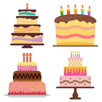 Set van vier zoete verjaardagstaart met brandende kaarsen. kleurrijk vakantiedessert. vector viering achtergrond.