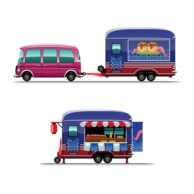 Set van voedselvrachtwagen met Takoyaki-winkel Japanse snack met menubord en stoel, de vlakke illustratie van de tekenstijl