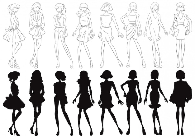 Set van vrouwelijke schets en silhouet