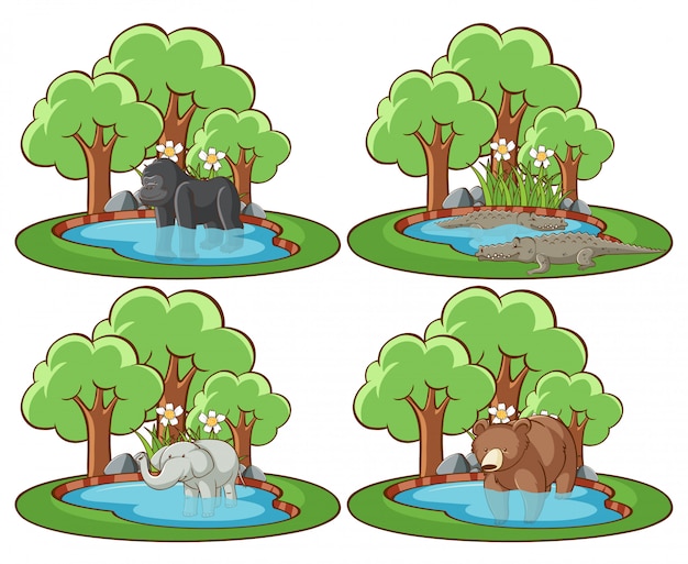 Set van wilde dieren in het park met vijver en boom