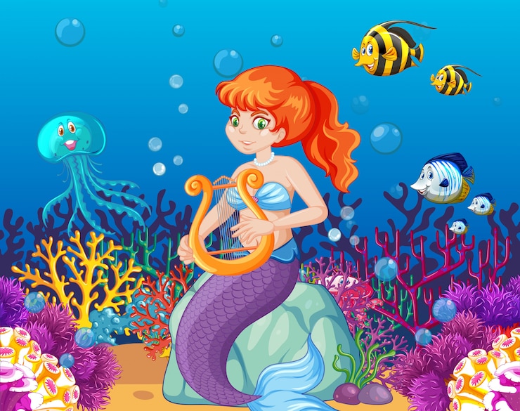 Gratis Vector set van zeedieren en zeemeermin stripfiguur op zee achtergrond