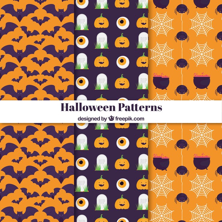 Gratis Vector set van zes halloween patronen in plat ontwerp