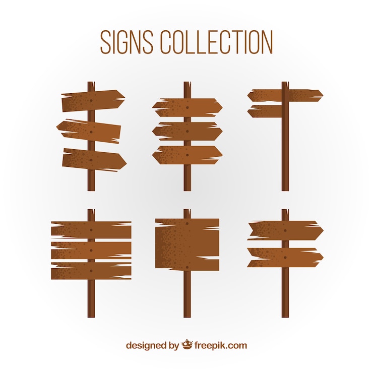 Gratis Vector set van zes houten borden in plat ontwerp