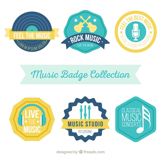 Gratis vector set van zes vintage muziek stickers