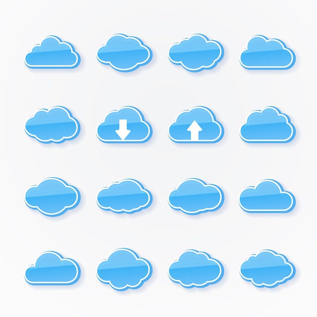 Gratis vector set van zestien blauwe wolkpictogrammen met verschillende vormen die het weer weergeven, twee met pijlen die opwaartse en neerwaartse transmissie van gegevens in cloud computing weergeven