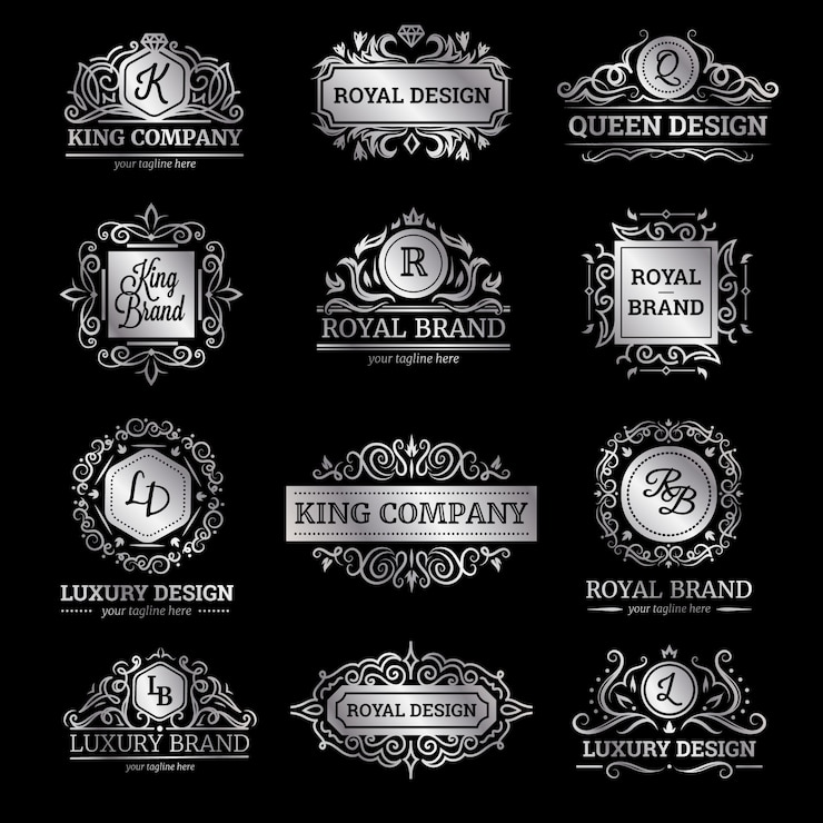 Gratis Vector set van zilveren luxe etiketten met bloeit en monogram sierlijke decoraties