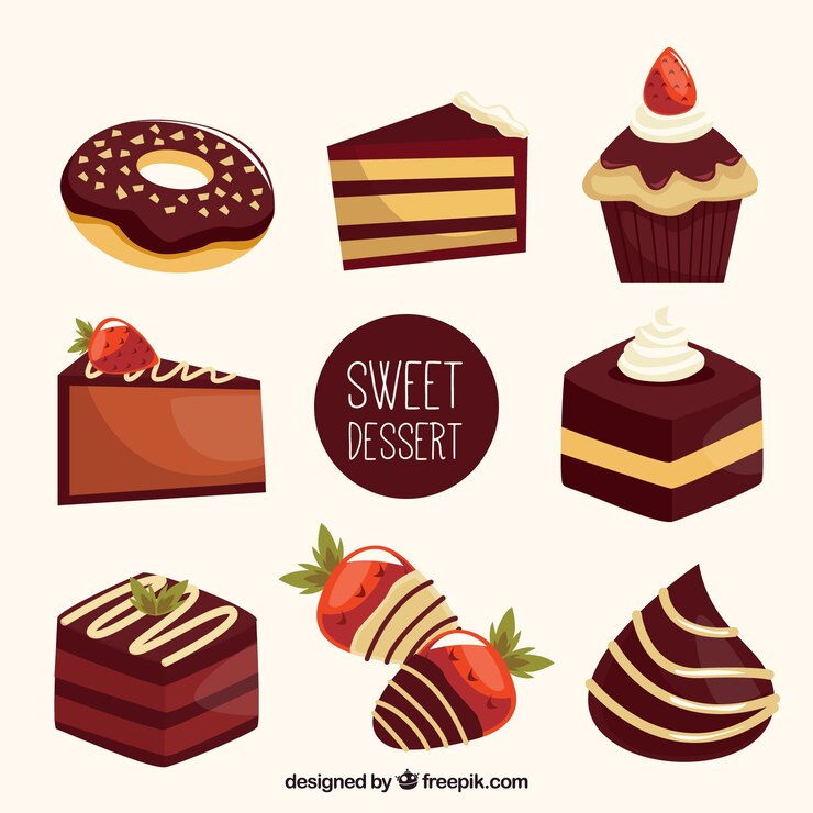 Gratis Vector set van zoete desserts in vlakke stijl