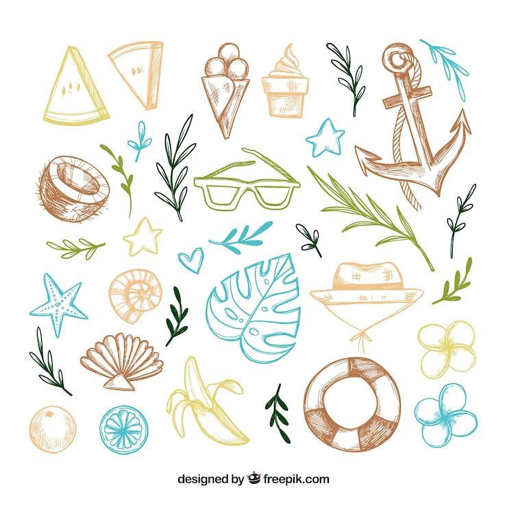 Gratis Vector set van zomer elementen in hand getrokken stijl